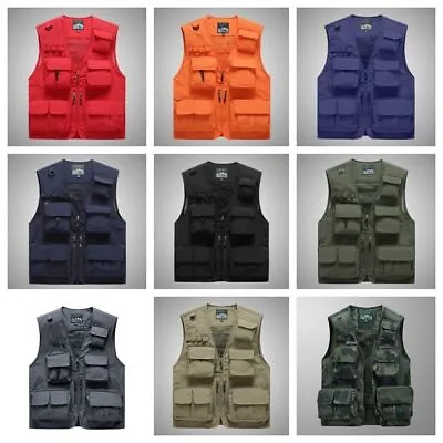 Men Sleeveless Multi-Pocket Waistcoat  Safari Gilet Jacket Hiking Fishing Vest • £19.78