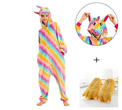 $29.99 • Buy Adult Golden Rainbow Unicorn Onesie Kigurumi Costume Pyjamas Party Slippers