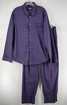 LANDS END Pajama Set Mens L 42-44 PJs Tattersall Sleep Shirt & Pants Cotton Blue • $37.99