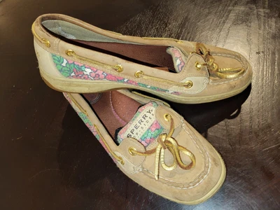 $12 • Buy Vintage Sperry Angelfish Top Sider 7.5 Tan Genuine Leather W/ Floral & Sequins