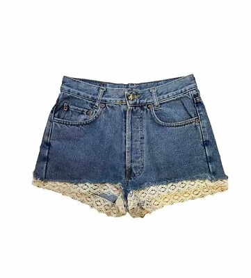 Levis Jean Shorts Blue Vintage Women’s 501 Size W30 Custom Cut And Lacing • £15.99