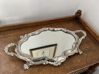 Rococo Style Silver Mirrored Dresser Tray Nickel On Brass Footed Vanity Stand • $135