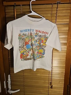 Vintage 90s 1990 Where's Waldo Single Stitch Tee T Shirt Crop Fit Kids M 18 X 19 • $60