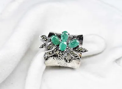 100% Natural Emerald 11.58 Gm Flower Design 925 Sterling Silver Adjustable Ring • $102.96