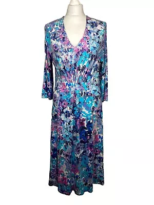 David Nieper Uk 14 Dress Multicoloured Abstract Jersey 3/4 Sleeves Casual • £24.99