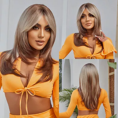 Long Straight Blonde Brown Ombre Layered Synthetic Wigs With Bangs Daliy Party • $17.99