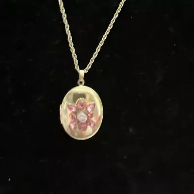 Women Girl Pink Floral Rhinestones Oval Photo Locket Pendant Necklace 24”Chain • $10.99