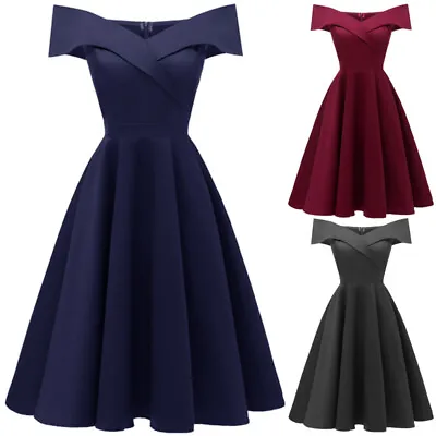 Womens 50s Off The Shoulder Bardots Vintage Satin Evening Prom Party Swing Dress • £20.84