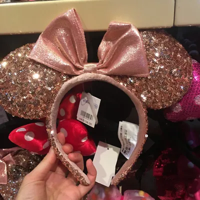 NEW Disney Parks ROSE GOLD Champagne Minnie Mouse Bow Sequins Ear Headband Ears • $14.54