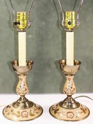 Pair Brass Plated Candlestick Style Enameled Lamps  12  Tall Base +  9  Harps • $25