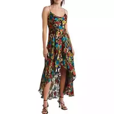 Alice + Olivia Christina Maxi Dress 6 Floral Silk Cowl High Low Black Multicolor • $74.99