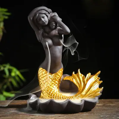 China Zisha Pottery Ceramic Gilt Mermaid Belle Girl Fish Backflow Incense Burner • $44.21