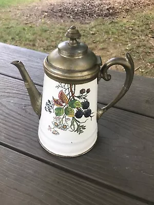 Antique Enamelware & Pewter Coffee Pot Flowers 19th Century Graniteware N/MINT! • $195