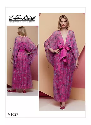 Vogue 1627 Sz 4-22 Plunging Neckline Kimono Sleeve Gown Dress Sash Ankle Pattern • $14.95