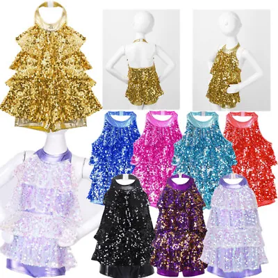 Kids Girls Sequin Halter Neck Dance Dresses Leotard Modern Jazz Tap Show Costume • £11.65