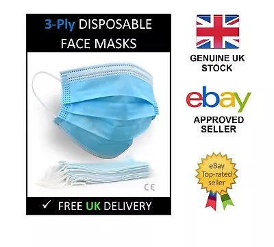 50 X Disposable Face Mask 3-Ply Mouth Guard Breathable Blue Protection Surgical • £8.99