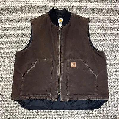 Carhartt Vest Mens XL Dark Brown Quilted Lined Full Zip Mock Neck Work Jacket • $50.97