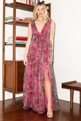 NEW LULUS Garden Romance Magenta Floral Print Organza Maxi Dress Womens Size XL • $90