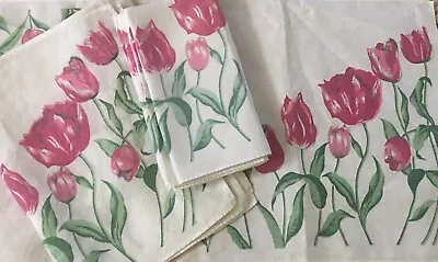 Vintage Mid Century Tulip Floral Linen Fabric Table Luncheon Set ~ Pink Green • $69
