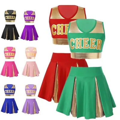 UK Kids Girls Cheerleading Dance Uniform Sleeveless Crop Top With Skirt Outfit • £18.91