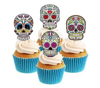 Novelty Sugar Skull Image Mix (3) 12 Edible Stand Up Wafer Paper Cake Toppers  • £3.29