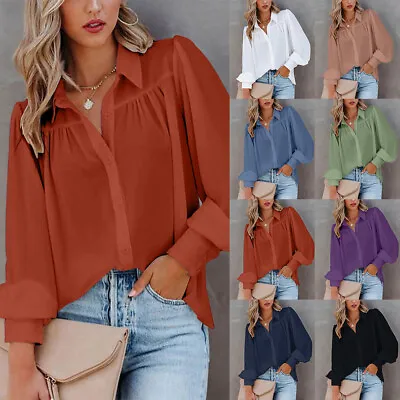 $17.66 • Buy Women Button Down Shirt V Neck Tops Long Sleeve Casual Summer T-Shirt Blouse US