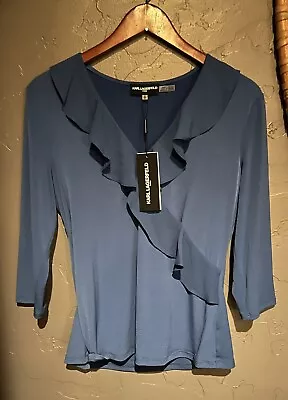 Nwt Karl Lagerfeld Women Size Small Royal Blue Wrap Ruffle 3/4 Sleeve Blouse Top • $14.99