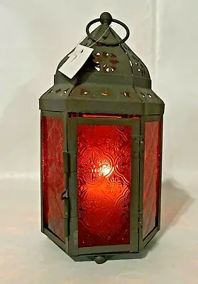 Metal Orange Glass TEA LIGHT LANTERN Candle Holder Hanger And Footed Morocco NEW • $15.99