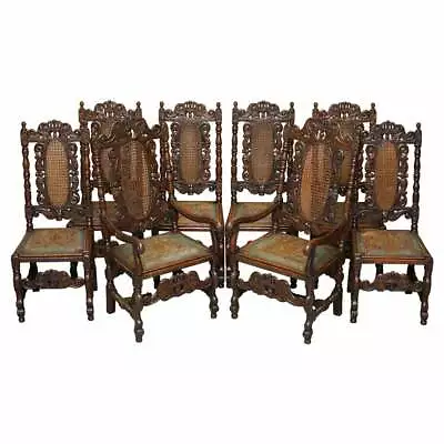 Eight Carved Jacobean Throne Dining Chairs Hand Painted & Embossed Leather Seats • $7398.90