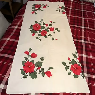 Vintage CALIFORNIA HAND PRINTS 48”x 54Cotton TABLECLOTH RED PINK HIBISCUS FLOWER • $29