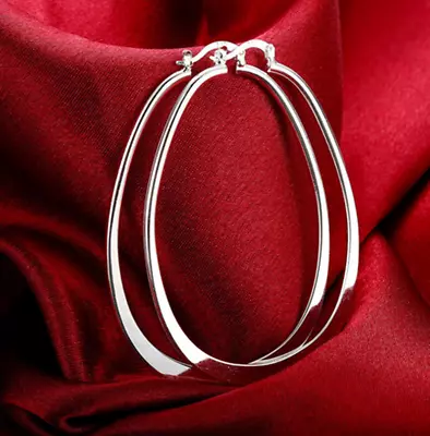 Womens 925 Sterling Silver Elegant Oval Shaped Extra Large Hoop Earrings #E45 • $7.99