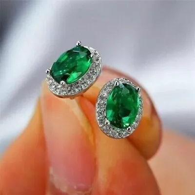 Women's Gift Lab-Created Emerald Diamond Stud Earrings 14K White Gold Plated • $116