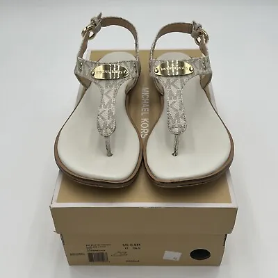 Michael Kors Women's Canvas Two Tone MK Plate T-Strap Thong Sandals • $35.85