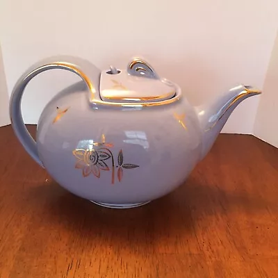 HALL 8 Cup 1940's TEAPOT #0749 Hook Lid Cover Cadet Blue Gold Trim • $15