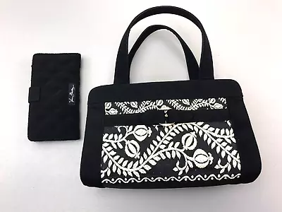 Vera Bradley Black Quilted Embroidered Satchel Handbag Purse & Wallet 2 Pcs Set • $33