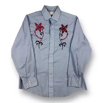 Vtg Wrangler Blue Chambray Western Snap Shirt Embroidered Flowers Smile Sz L • $27.99