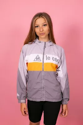 Retro Style Grey White & Yellow Le Coq Sportif Spellout Sports Hoodie Jacket LB • £24