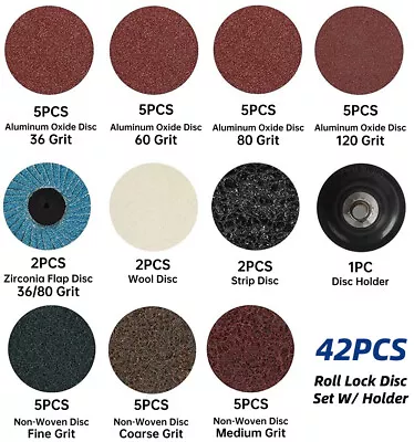 42PCS 2 Inch Roll Lock Sanding Discs Set W/ 1/4 Holder Die Grinder Quick Change • $19.79