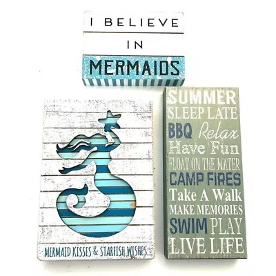 Set Of 3 Beachy Wooden Mermaid/beach Summer Wall Decor Signs • $25.20