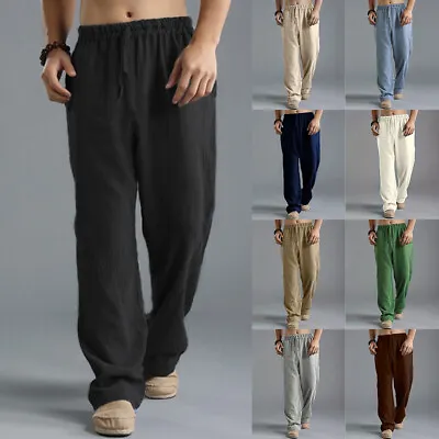 Mens Solid Cotton Linen Baggy Long Pants Casual Loose Beach Buttoms Trousers • $21.46