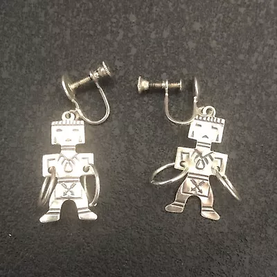 Vintage NAVAJO KACHINA Hoop Dancer Sterling Silver Earrings Screw Backs • $34.99