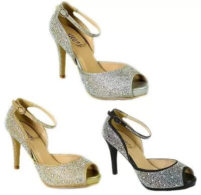 £9.99 • Buy New Womens Mid Heel Diamante Buckle Ankle Strap Peep Toe Shoes 3-8