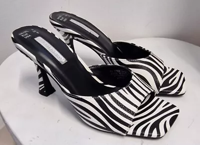 Primark White Black Zebra Print Open Square Toe Slip On Mules Shoes Size 3 • £12