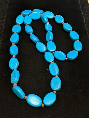 $7 • Buy Turquoise Blue Wooden Oval Bead Statement Necklace