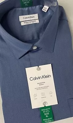 CALVIN KLEIN Mens Wrinkle Free BLUE Stretch Dress Shirt Regular XL 17-17.5 34/35 • $24.99
