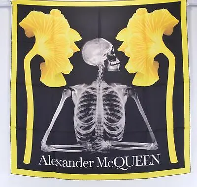 New Alexander McQueen 718421 MUSHROOM SKELETON Silk Twill Scarf BLACK/YELLOW • $197.40