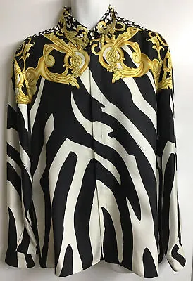 Versace Men’s Silk Button Down Shirt Black White Zebra Gold Shoulders 41/M • $450