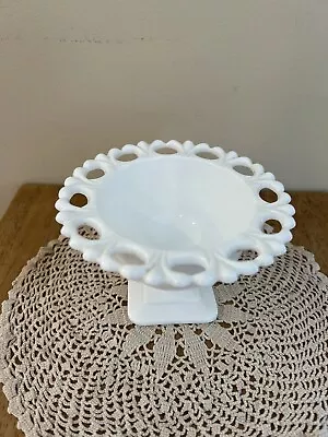 Vtg. Indiana White Milk Glass Compote/Candy Dish Lorain 3.25 Tall Open Lace Rim • $9.99