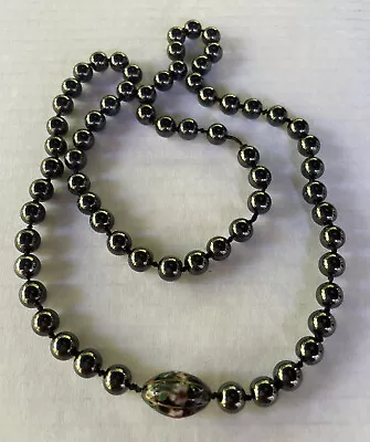 Vintage Hematite And Chinese Cloisonné Bead Necklace Hand Knotted 26” • $29.95