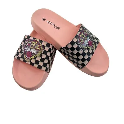Ed Hardy Women’s Slides Checkered Tiger Sandals Sz 8 • $38